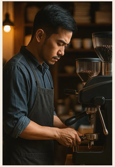 Barista preparando café artesanal con técnicas profesionales